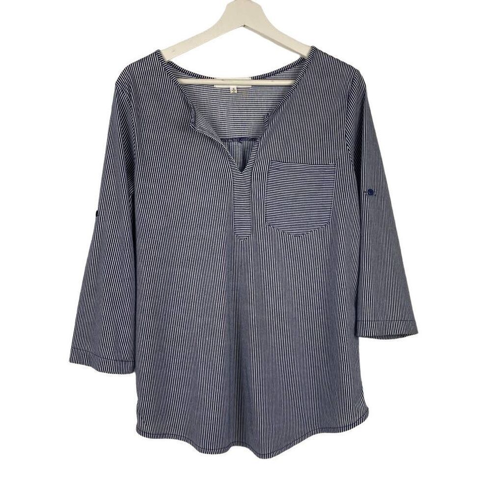 Eden & Olivia size small navy and white striped split neck top with roll sleeves